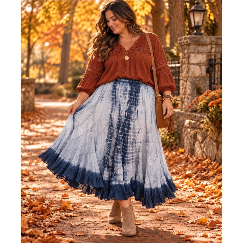Life Style Woman 3X Blue Tie Dye Cotton Maxi Skirt Boho Tiered Ruffle Gypsy